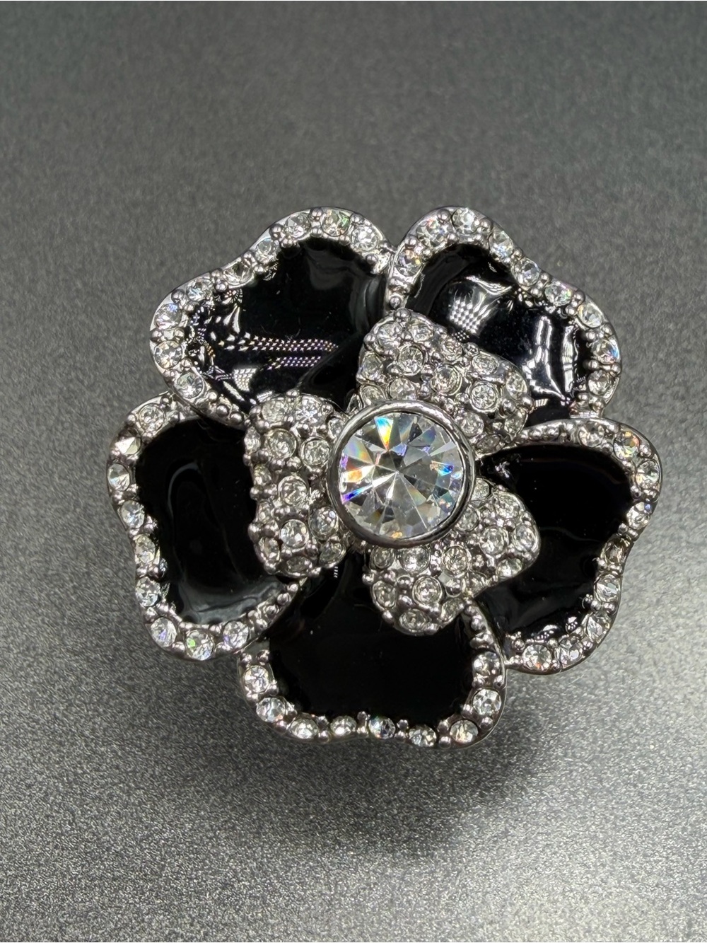 Lia Sophia Black and Clear Crystal Flower Ring #430R